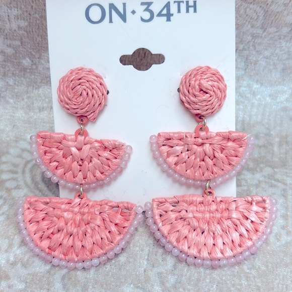 Brand New On 34th Woven Coral Pink Drop Earrings & Beaded Rhinestone Bracelet - Picture 6 of 13